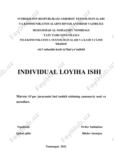 individual loyihani o'quv jarayonini faol tashkil etishning zamonaviy usul va metodlari bo'yicha ish — DOCX