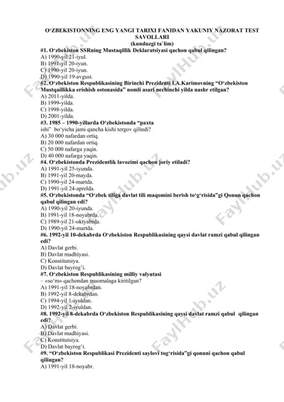 o‘zbekistonning eng yangi tarixi fanidan yakuniy nazorat test savollari — DOCX