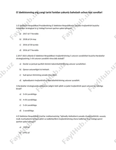 o`zbekistonning eng yangi tarixi fanidan yakuniy baholash uchun test savollari — DOCX