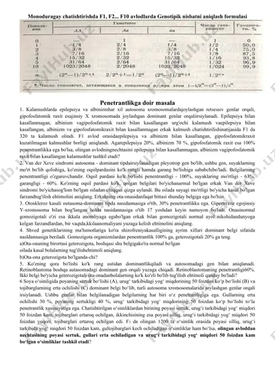 monoduragay chatishtirishda f1,f2...f10 avlodlarda genotipik nisbatni aniqlash formulasi — DOCX