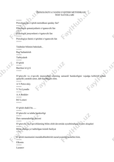 psixologiya fanini o‘qitish metodikasi - test savollari — DOCX