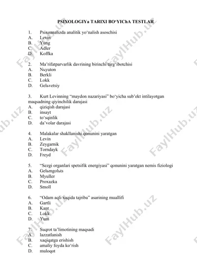 psixologiya tarixi bo‘yichа testlаr — DOCX