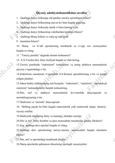 qiyosiy adabiyotshunoslikdan savollar — DOCX