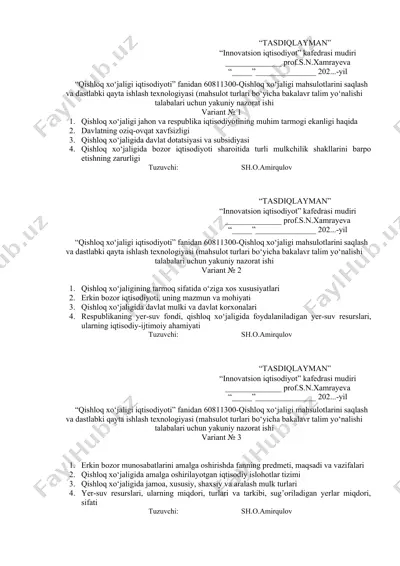 qishloq xo‘jaligi mahsulotlarini saqlash va dastlabki qayta ishlash texnologiyasi — DOCX