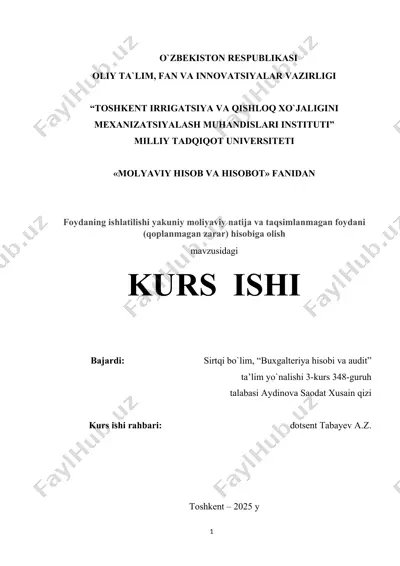 foydaning ishlatilishi yakuniy moliyaviy natija va taqsimlanmagan foydani (qoplanmagan zarar) hisobga olish — DOCX