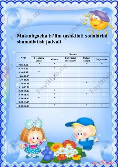 maktabgacha ta’lim tashkiloti xonalarini shamollatish jadvali — DOCX