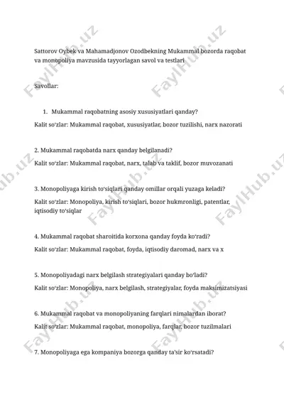 mukammal raqobat va monopoliya mavzusida savol va testlar — DOCX