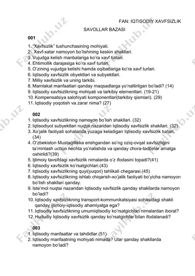 iqtisodiy xavfsizlik savollar bazasi — DOCX