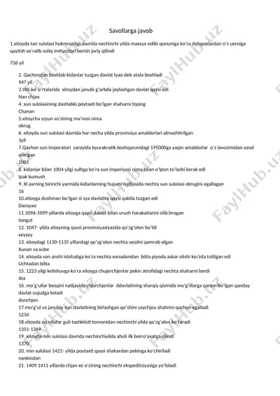 xitoy tarixi savollari — DOCX