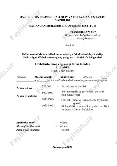 ta'lim sohasi: muhandislik kommunikatsiyalari qurilishi va montaji sillabusi — DOCX