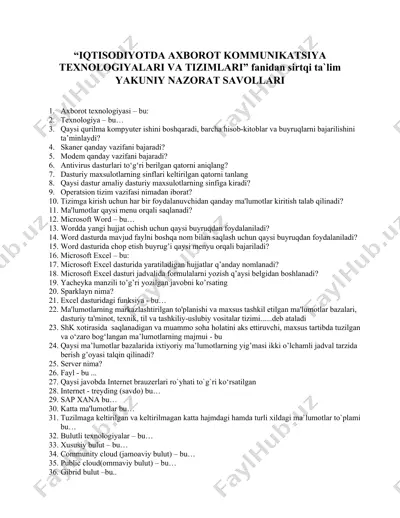 iqtisodiyotda axborot kommunikatsiya texnologiyalari va tizimlari fanidan sirtqi ta`lim — DOCX