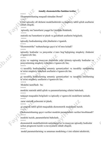 amaliy ekonometrika fanidan testlar — DOCX