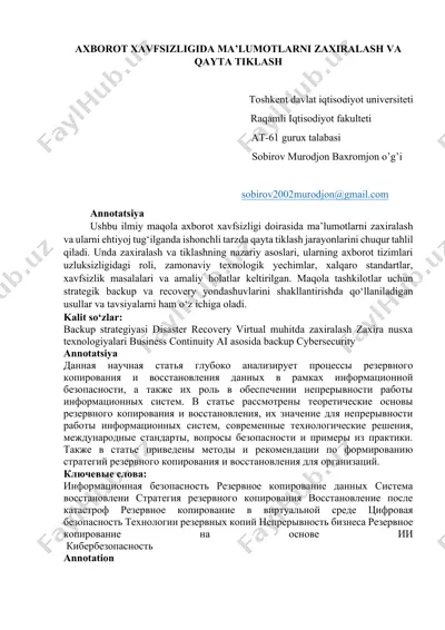 axborot xavfsizligida ma’lumotlarni zaxiralash va qayta tiklash — DOCX