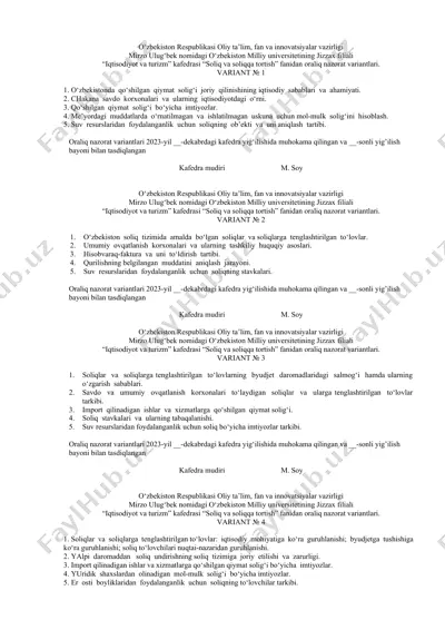 oraliq nazorat variantlari "soliq va soliqqa tortish" fanidan — DOCX