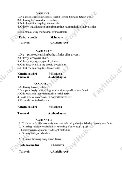 oilaviy munosabatlar haqida variantlar — DOCX