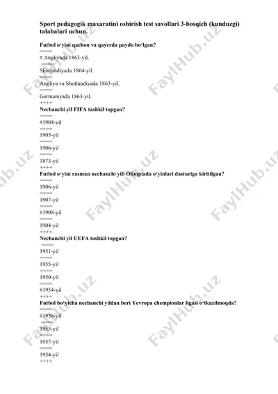 sport pedagogik maxaratini oshirish test savollari 3-bosqich (kunduzgi) talabalari uchun — DOCX