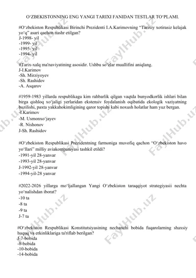 o'zbekistonning eng yangi tarixi fanidan testlar to‘plami — DOCX