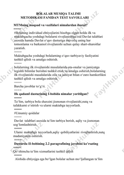 bolalar musiqa talimi metodikasi fanidan test savollari — DOCX