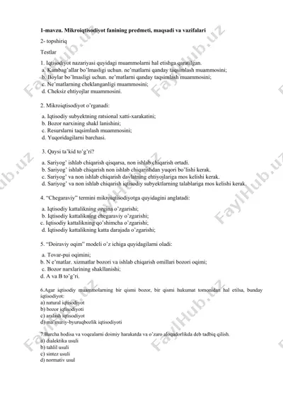 mikroiqtisodiyot fanining predmeti, maqsadi va vazifalari — DOCX