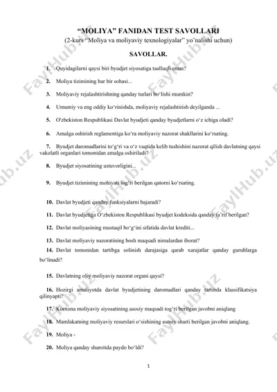 "moliya" fanidan test savollari — DOCX