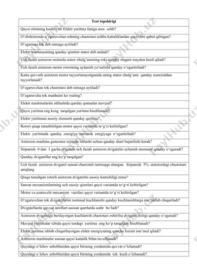 elektr yuritma faniga doir test topshirigi — DOCX