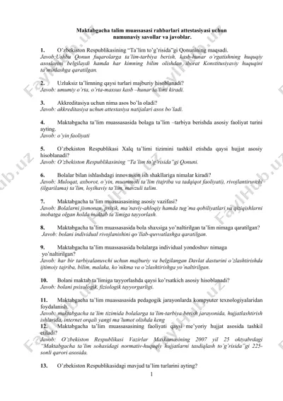 maktabgacha talim muassasasi rahbarlari attestasiyasi uchun namunaviy savollar va javoblar — DOCX
