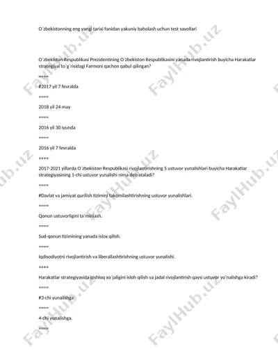 o`zbekistonning eng yangi tarixi fanidan yakuniy baholash uchun test savollari — DOCX