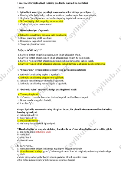mikroiqtisodiyot fanining predmeti, maqsadi va vazifalari — DOCX