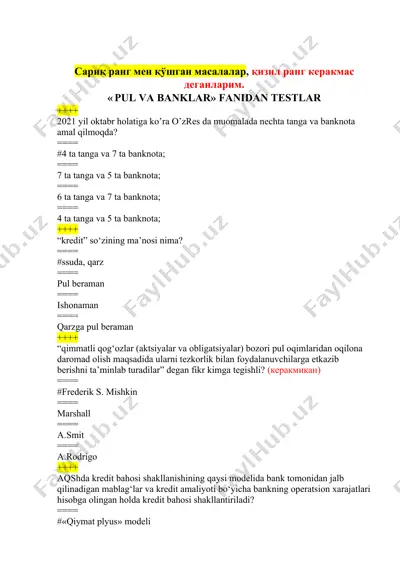 pul va banklar fanidan testlar — DOCX