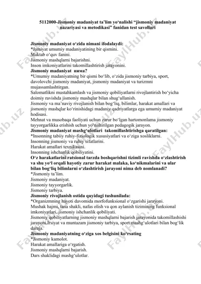 jismoniy madaniyat ta’lim yo‘nalishi "jismoniy madaniyat nazariyasi va metodikasi" fanidan test savollari — DOCX