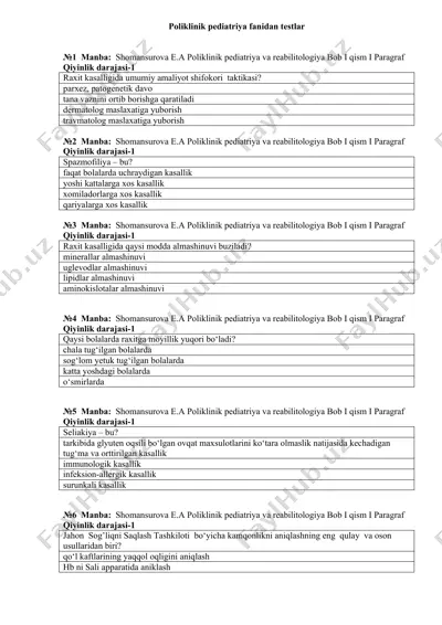 poliklinik pediatriya fanidan testlar — DOCX