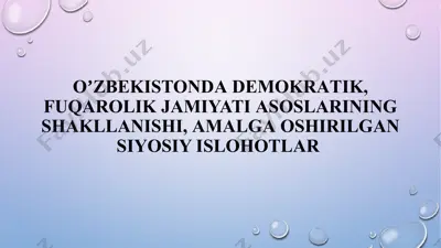oʼzbekistonda demokratik, fuqarolik jamiyatiasoslarning shakllanishi, amalga oshirilgan siyosiy ishlar — PPTX