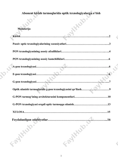 abonent kirish tarmoqlarida optik texnologiyalarga o’tish — DOC