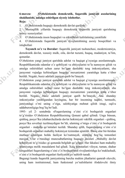 o‘zbekistonda demokratik, fuqarolik jamiyati asoslarining shakllanishi, amalga oshirilgan siyosiy islohotlar — DOCX
