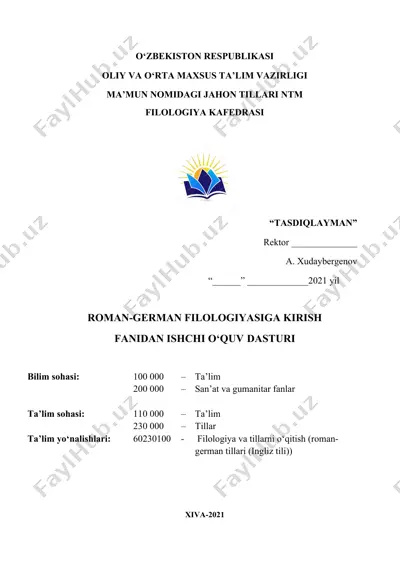 roman-german filologiyasiga kirish fanidan ishchi o‘quv dasturi — DOCX
