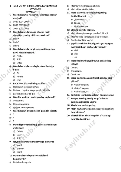 sinf uchun informatika fanidan test savollari — DOCX