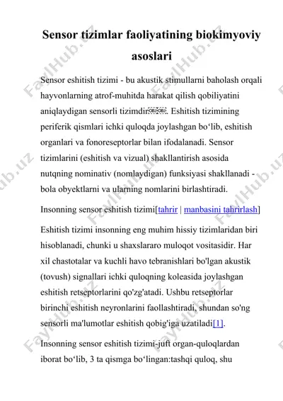 sensor tizimlar faoliyatining biokimyoviy asoslari — DOCX