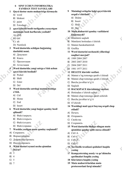sinf uchun informatika fanidan test savollari — DOCX