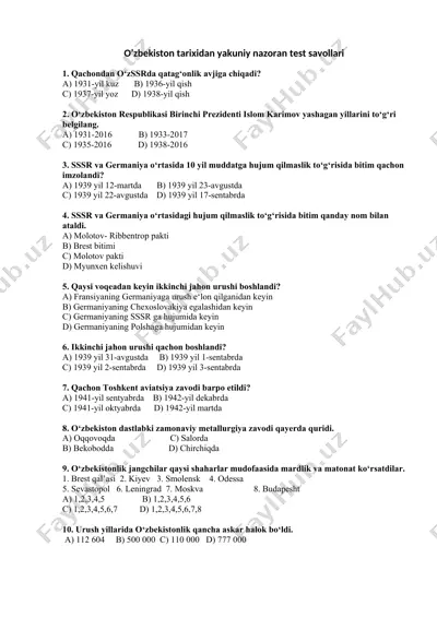 o’zbekiston tarixidan yakuniy nazoran test savollari — DOCX