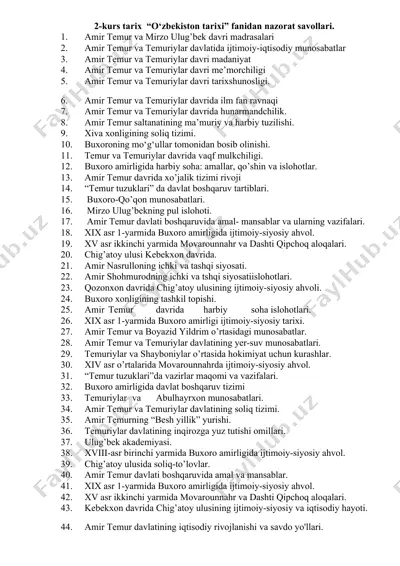 2-kurs tarix “o‘zbekiston tarixi” fanidan nazorat savollari — DOCX