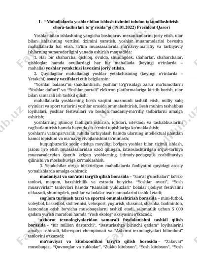 yoshlar bilan ishlash tizimini tubdan takomillashtirish chora-tadbirlari to‘g‘risida prezident qarori — DOCX