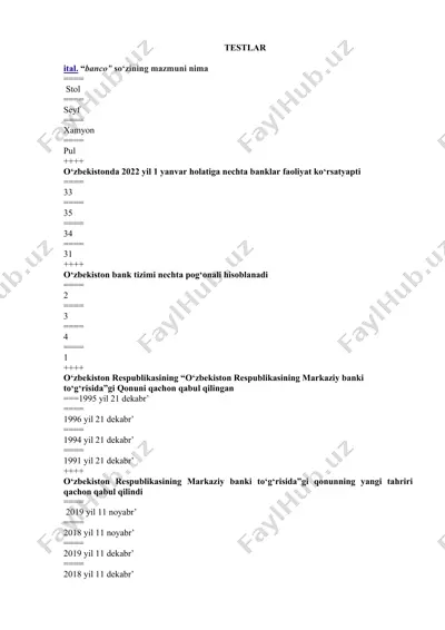 bank tizimi haqida testlar — DOCX