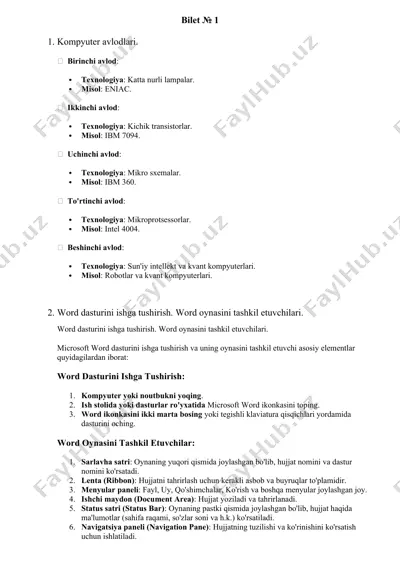 kompyuter avlodlari — DOCX