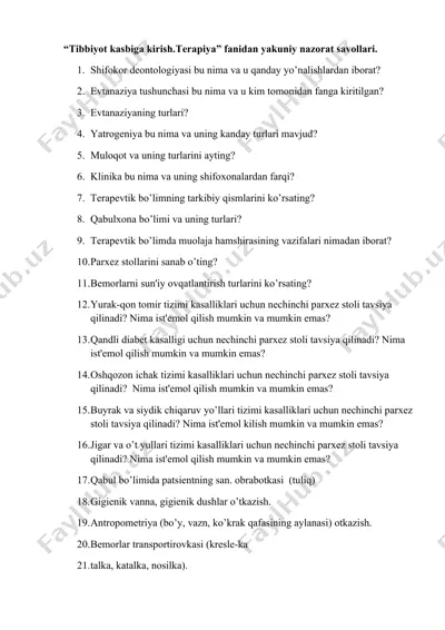 tibbiyot kasbiga kirish. terapiya fanidan yakuniy nazorat savollari — DOCX