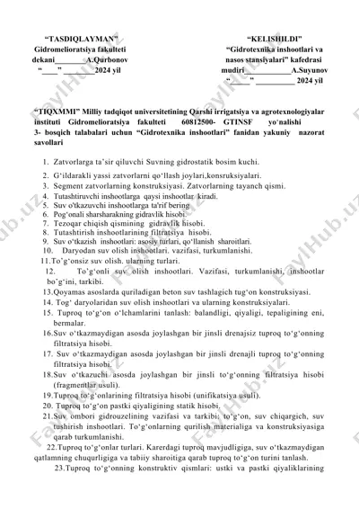 gidromelioratsiya nazorat savollari — DOCX
