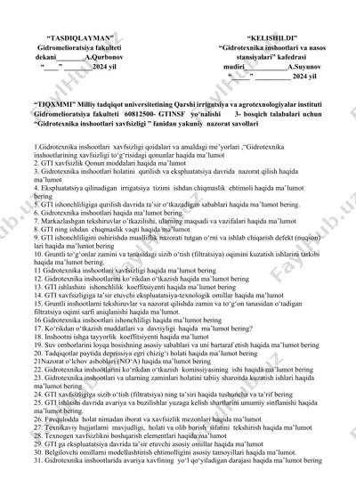 "gidrotexnika inshootlarining xavfsizligi" — DOCX