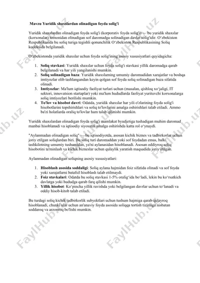 yuridik shaxslardan olinadigan foyda solig'i — DOCX