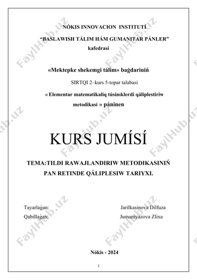 elementar matematikaliq túsinıklerdi qáliplestiriw metodikasi — DOCX