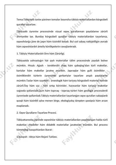 tábiyaattı taniw páninen temalar boyınsha tábiyiy materiallardan kórgezbeli qurallar tayarlaw — DOCX