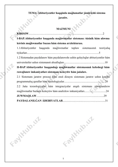 abituriyentler haqqında maǵlumatlar jámlewshi sistema — DOCX